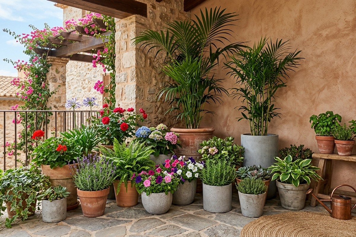 Diverse potted plants including palms and herbs in concrete and terracotta planters on a patio.