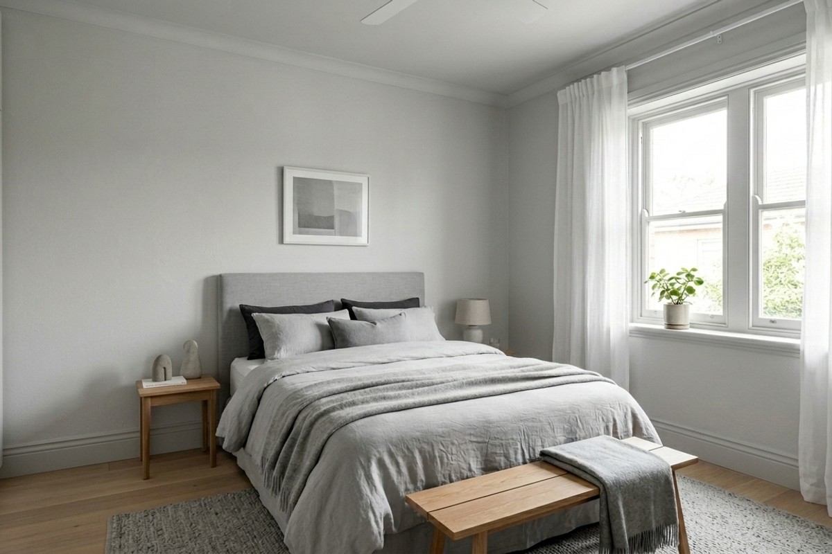 Small bedroom with a monochromatic color scheme of soft grey and pale blue, creating an expansive feel.