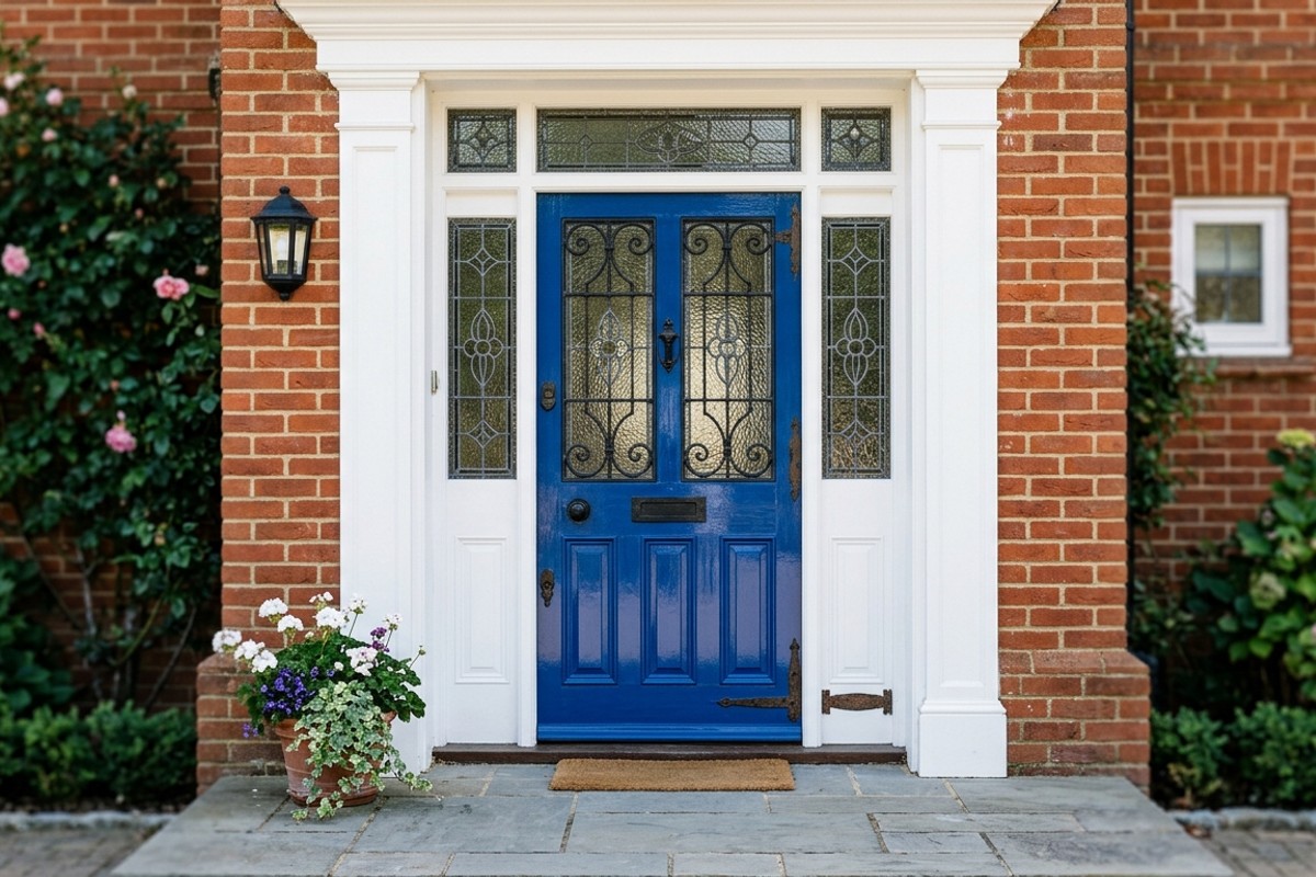 Bold cobalt blue front door with intricate glass panels and wrought iron accents as a statement piece.