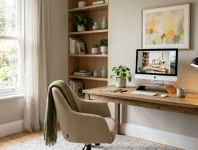 A stylish home office with "Revere Pewter" walls, soft green accents, and a pop of sunny yellow art.