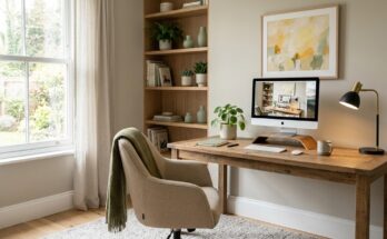 A stylish home office with "Revere Pewter" walls, soft green accents, and a pop of sunny yellow art.