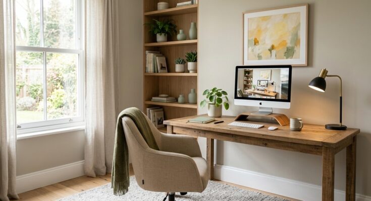 A stylish home office with "Revere Pewter" walls, soft green accents, and a pop of sunny yellow art.