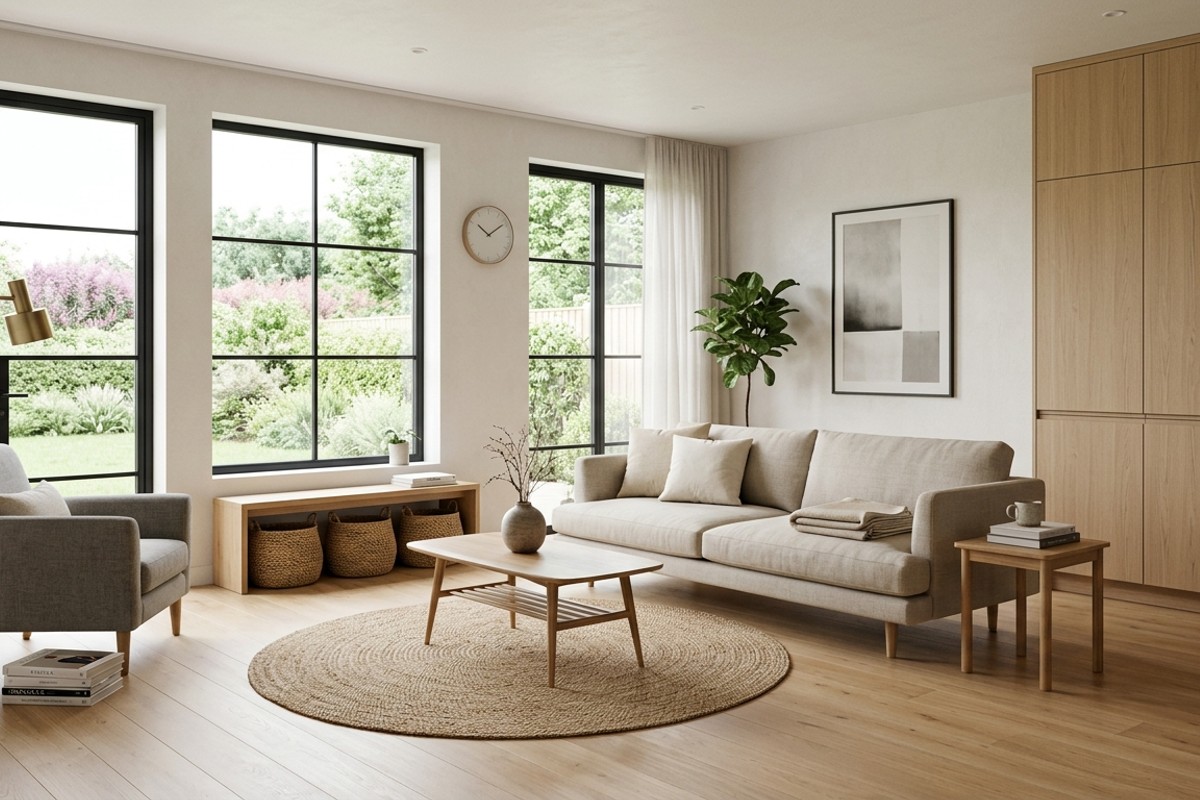 Minimalist living room, decluttered with clear surfaces and smart storage solutions like baskets or closed cabinets.