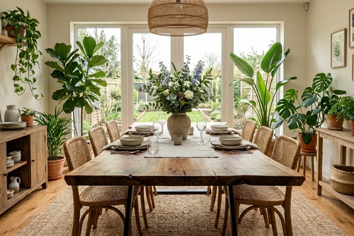Dining room with natural elements: solid wood live-edge table, potted plants, and fresh flowers for an organic feel.