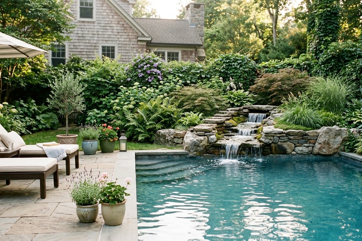 Pool with a small cascading waterfall water feature