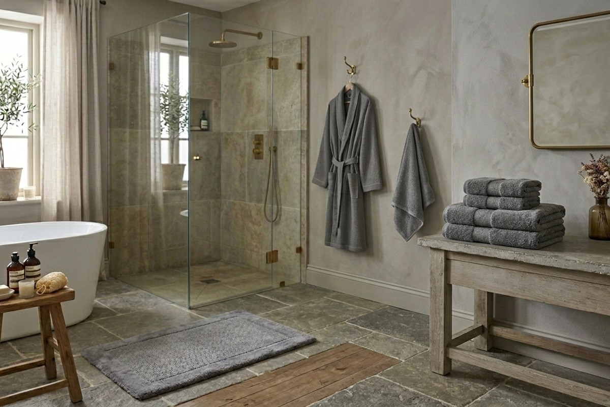 Luxurious, plush Egyptian cotton towels and a soft bathmat in neutral colors for a spa bathroom.