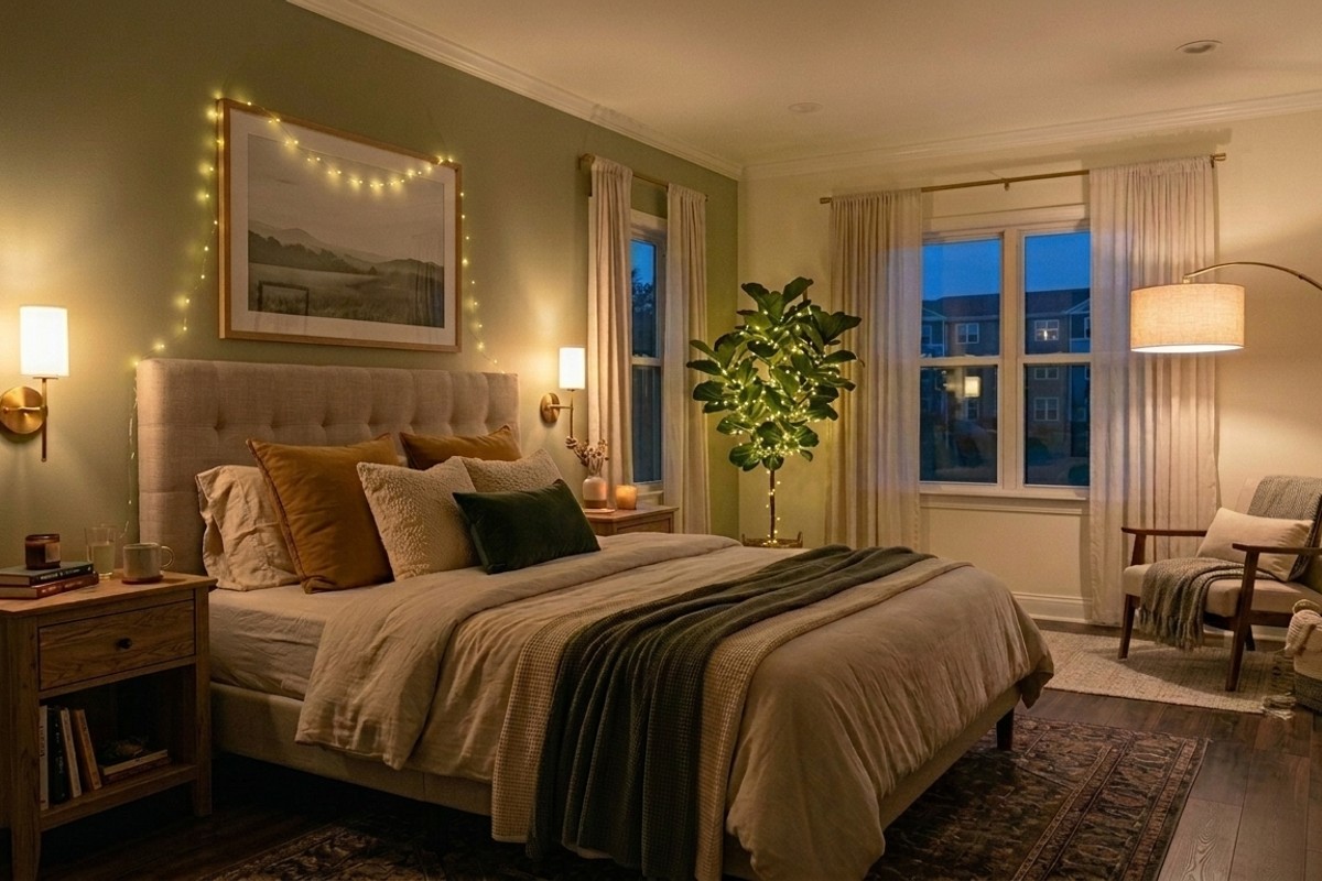 Bedroom with warm bedside sconce lighting, a stylish floor lamp, and subtle string lights.