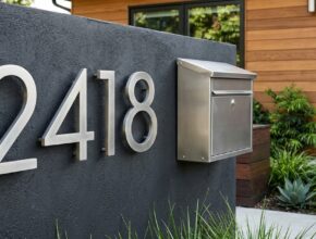Modern, oversized house numbers in brushed nickel and a stylish matching mailbox on a home's exterior.