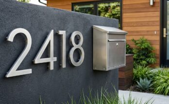 Modern, oversized house numbers in brushed nickel and a stylish matching mailbox on a home's exterior.