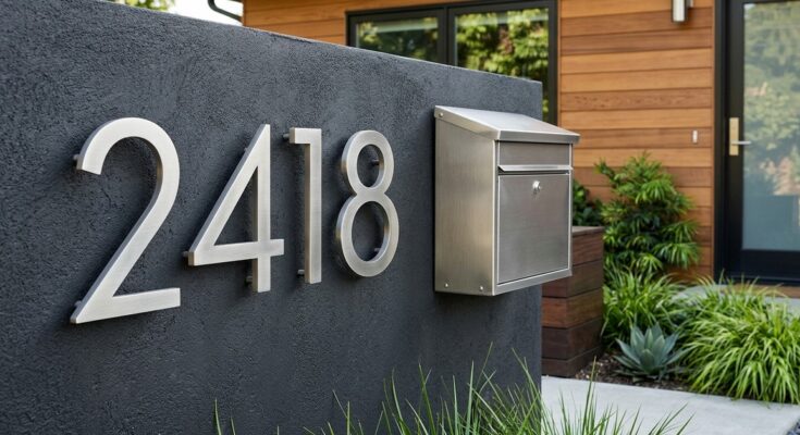 Modern, oversized house numbers in brushed nickel and a stylish matching mailbox on a home's exterior.
