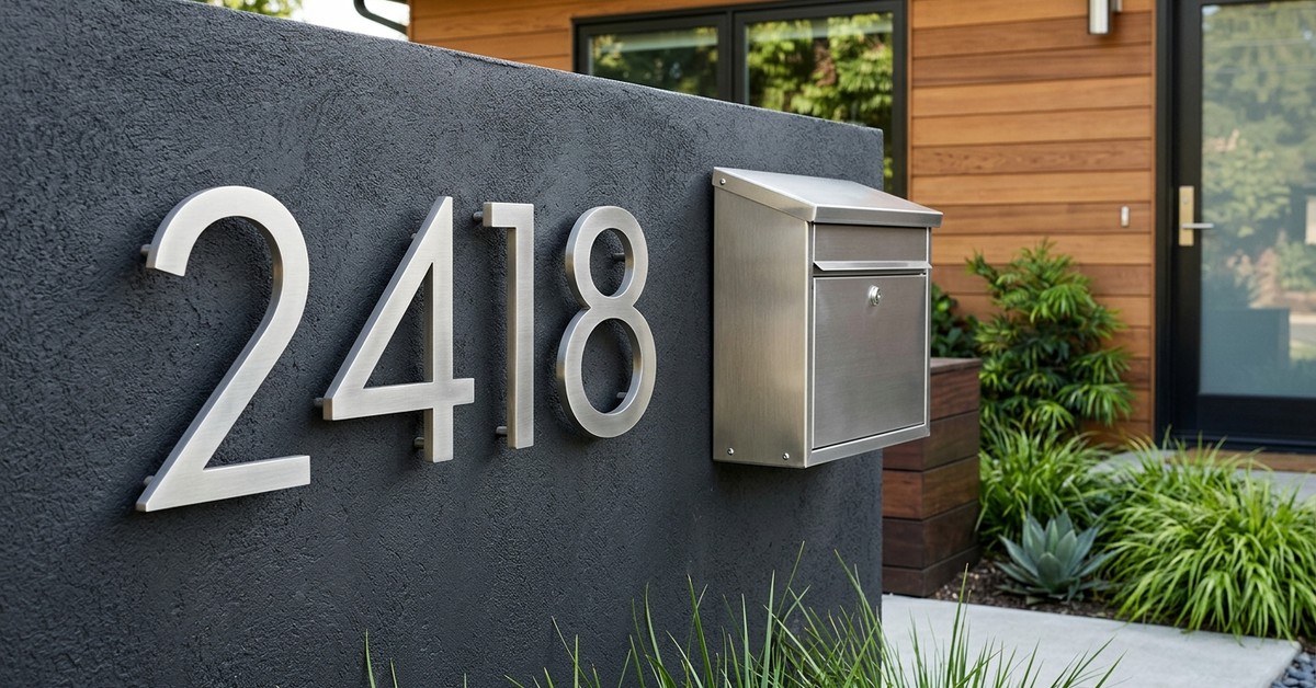 Modern, oversized house numbers in brushed nickel and a stylish matching mailbox on a home's exterior.