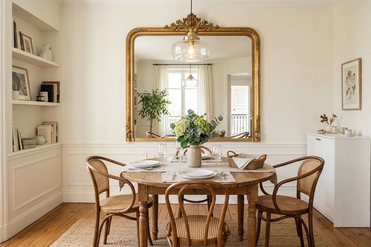 Large decorative mirror on a wall in a small dining room, reflecting light to make the space feel larger.