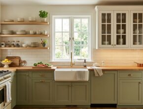 Small kitchen with light-colored open shelving and glass-front cabinets replacing bulky upper units to create an airy feel.