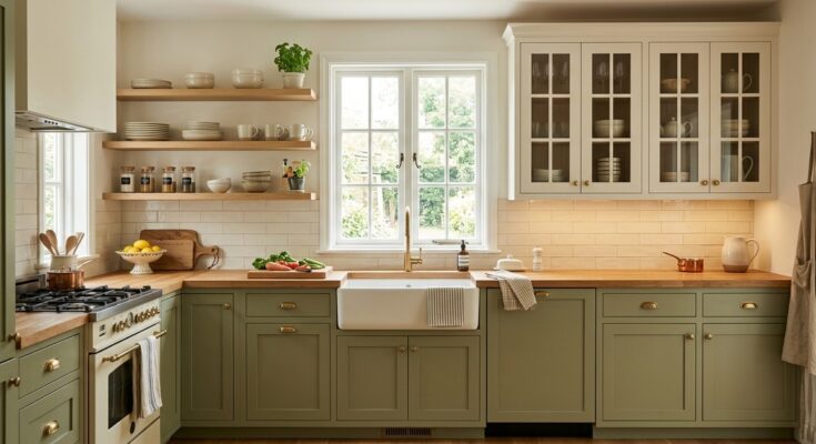 Small kitchen with light-colored open shelving and glass-front cabinets replacing bulky upper units to create an airy feel.