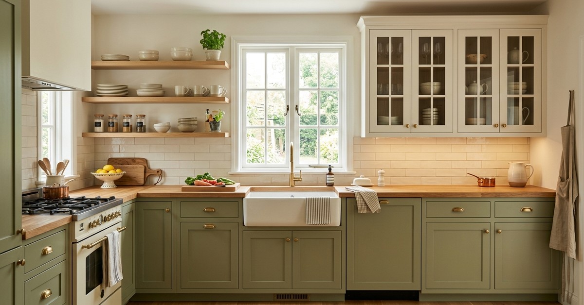 Small kitchen with light-colored open shelving and glass-front cabinets replacing bulky upper units to create an airy feel.