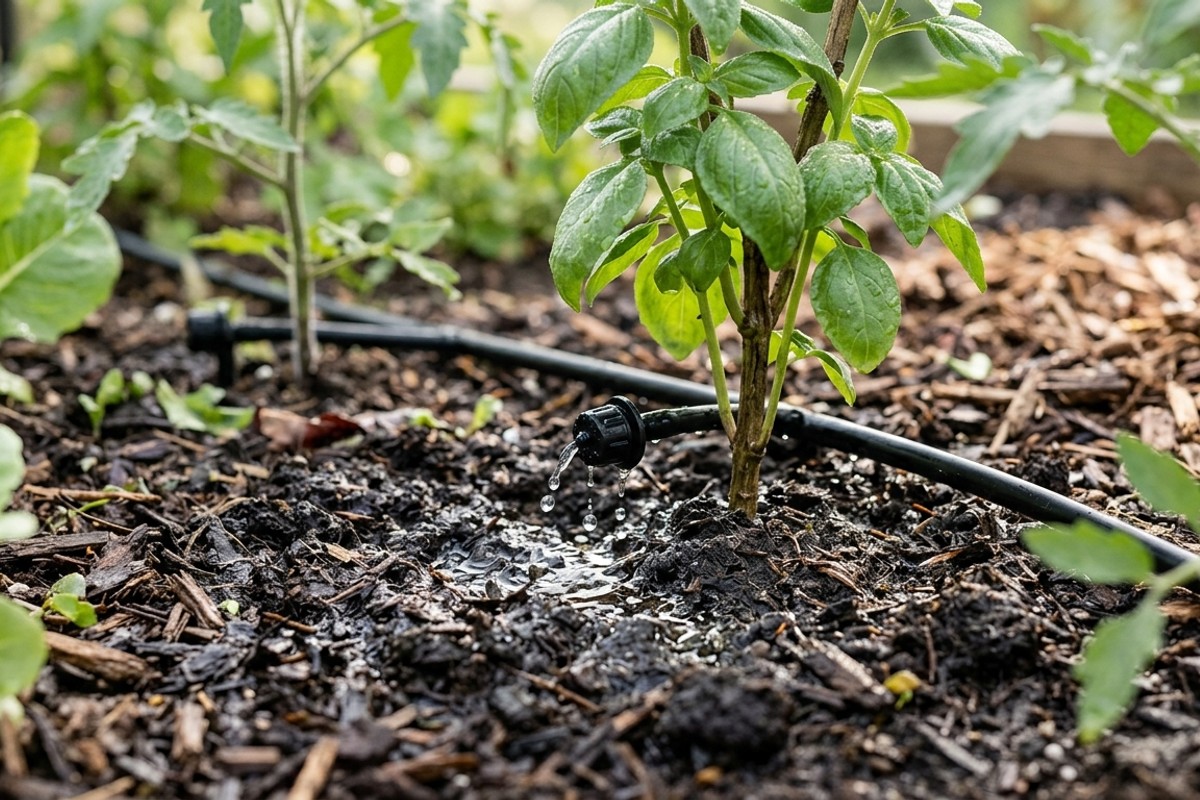 Drip irrigation system with visible emitters delivering water directly to plant roots in a garden bed, showcasing efficient watering.