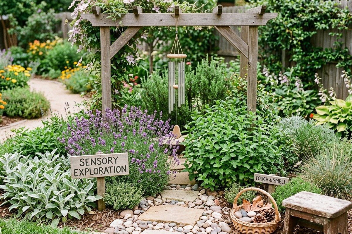 Sensory garden with fragrant lavender and mint, textured plants, and wind chimes for child engagement.