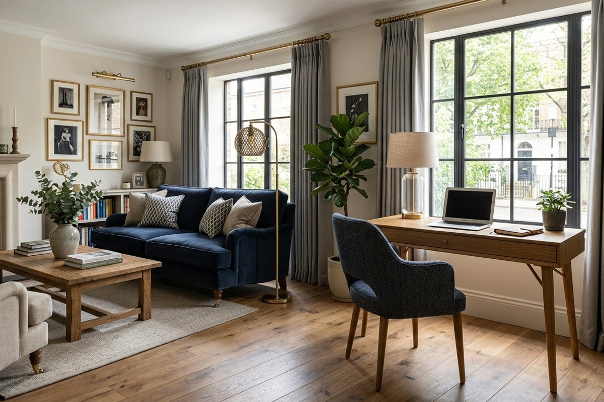 Desk chair in complementary fabric and lamp with matching finish blending a home office into living room decor.