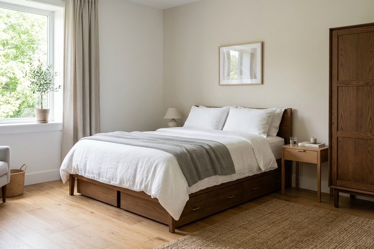 Decluttered bedroom with stylish armoire and under-bed drawers for organized storage.