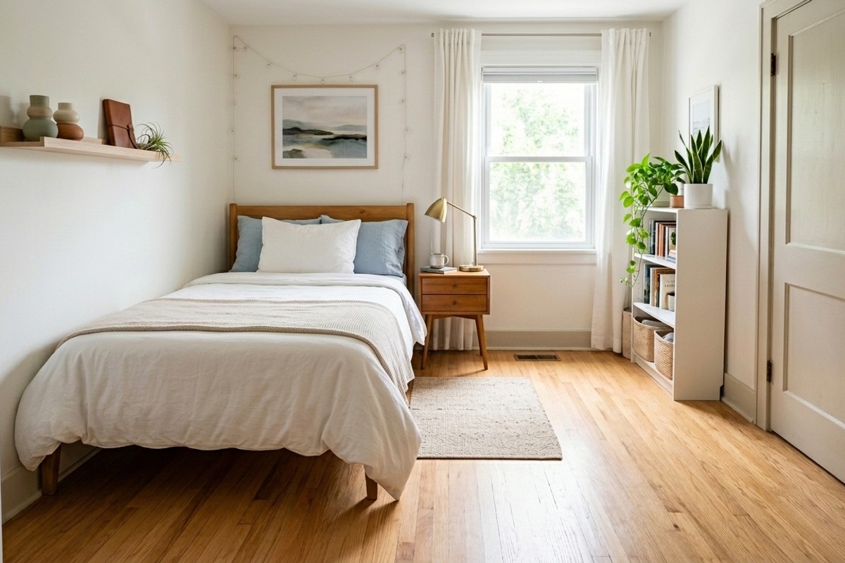 Bed placed against a wall or in a corner in a small bedroom for optimized layout and flow