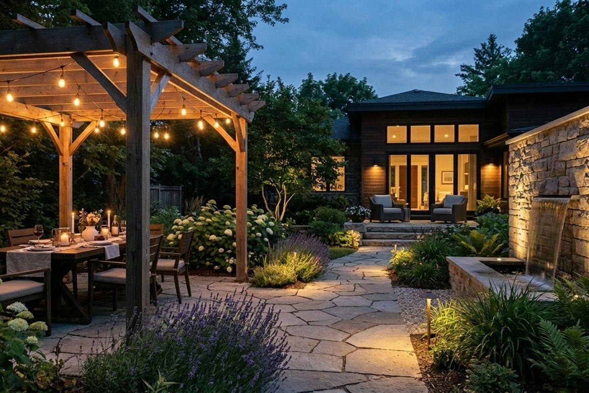 Evening backyard lit by string lights over dining, path lights along a walkway, and spotlights on architectural features.