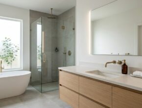 Minimalist bathroom with hidden storage, including recessed medicine cabinets and custom vanity drawers for a clutter-free look.