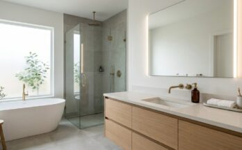 Minimalist bathroom with hidden storage, including recessed medicine cabinets and custom vanity drawers for a clutter-free look.