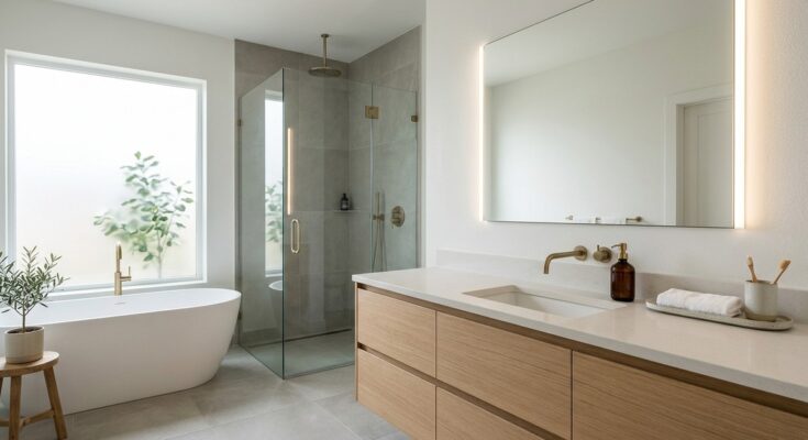 Minimalist bathroom with hidden storage, including recessed medicine cabinets and custom vanity drawers for a clutter-free look.
