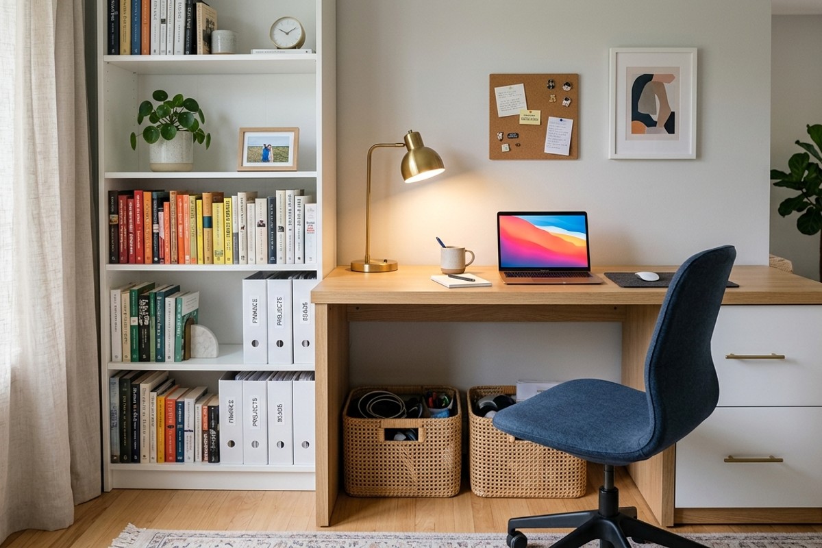 Smart storage solutions in a home office, including vertical shelving and stylish baskets.
