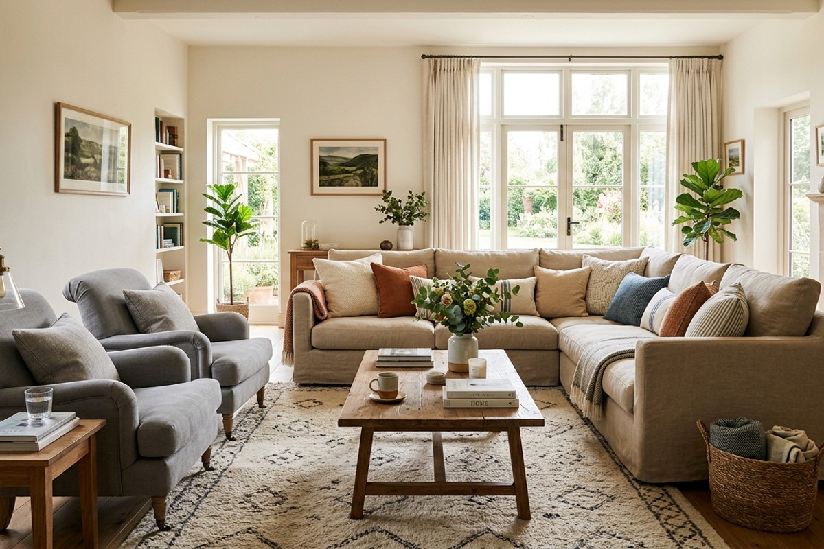 Comfortable living room with plush sofa and armchairs arranged for conversation.