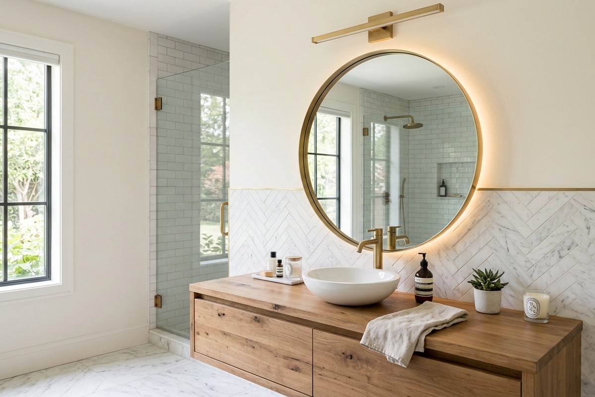 Ornate framed statement mirror in a bathroom, adding character and visual space.
