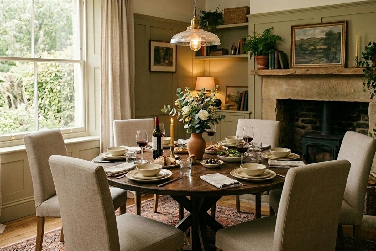Round dining table in a cozy dining room, designed for intimate conversations and connection.