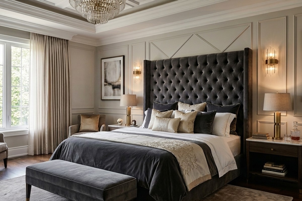 Elegant bedroom featuring a grand velvet tufted statement headboard as a luxurious focal point.