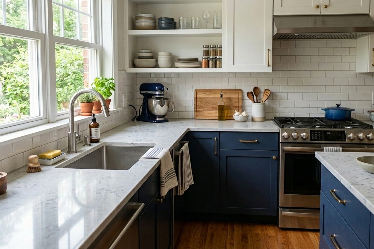 Close-up of durable quartz countertop and elegant hardwood flooring in a modern kitchen design.