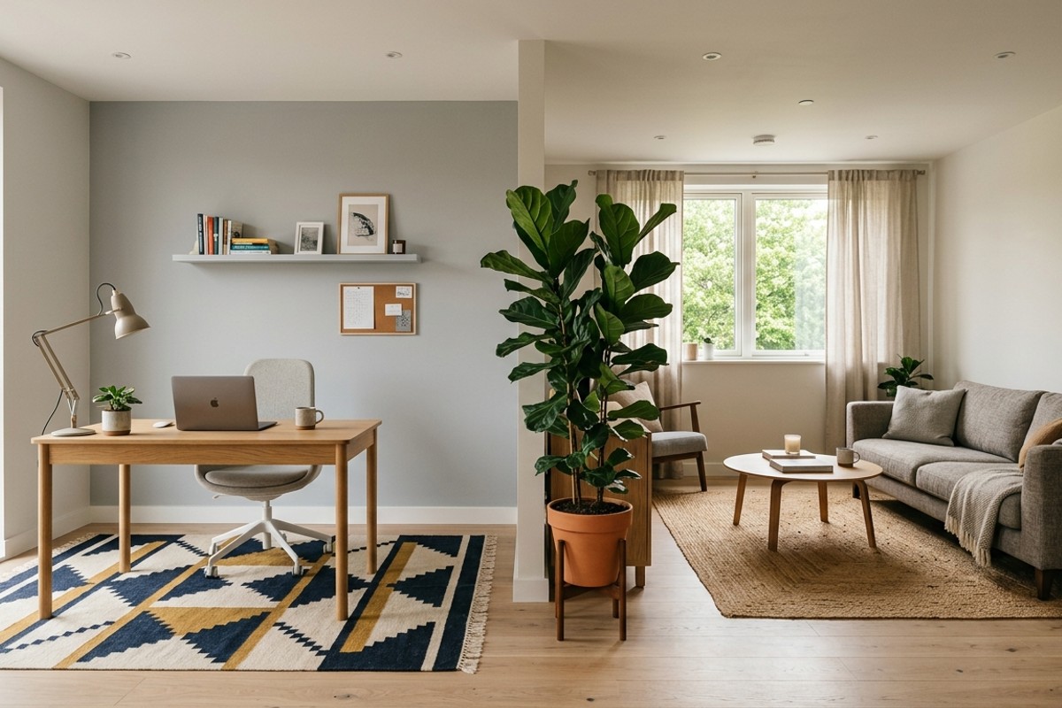 Open-plan room with a distinct home office zone defined by an area rug, a desk against a wall, and a tall plant.