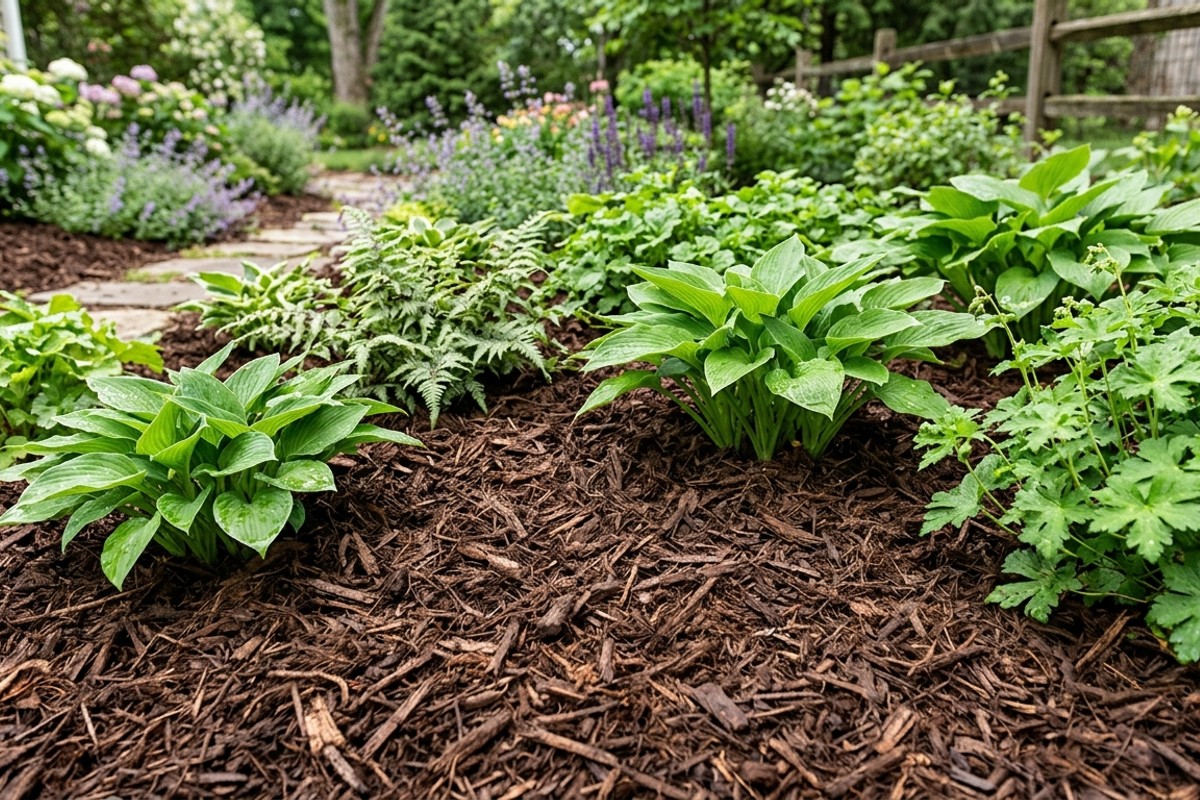 Organic cedar bark mulch covering garden soil, effectively suppressing weeds and retaining moisture.