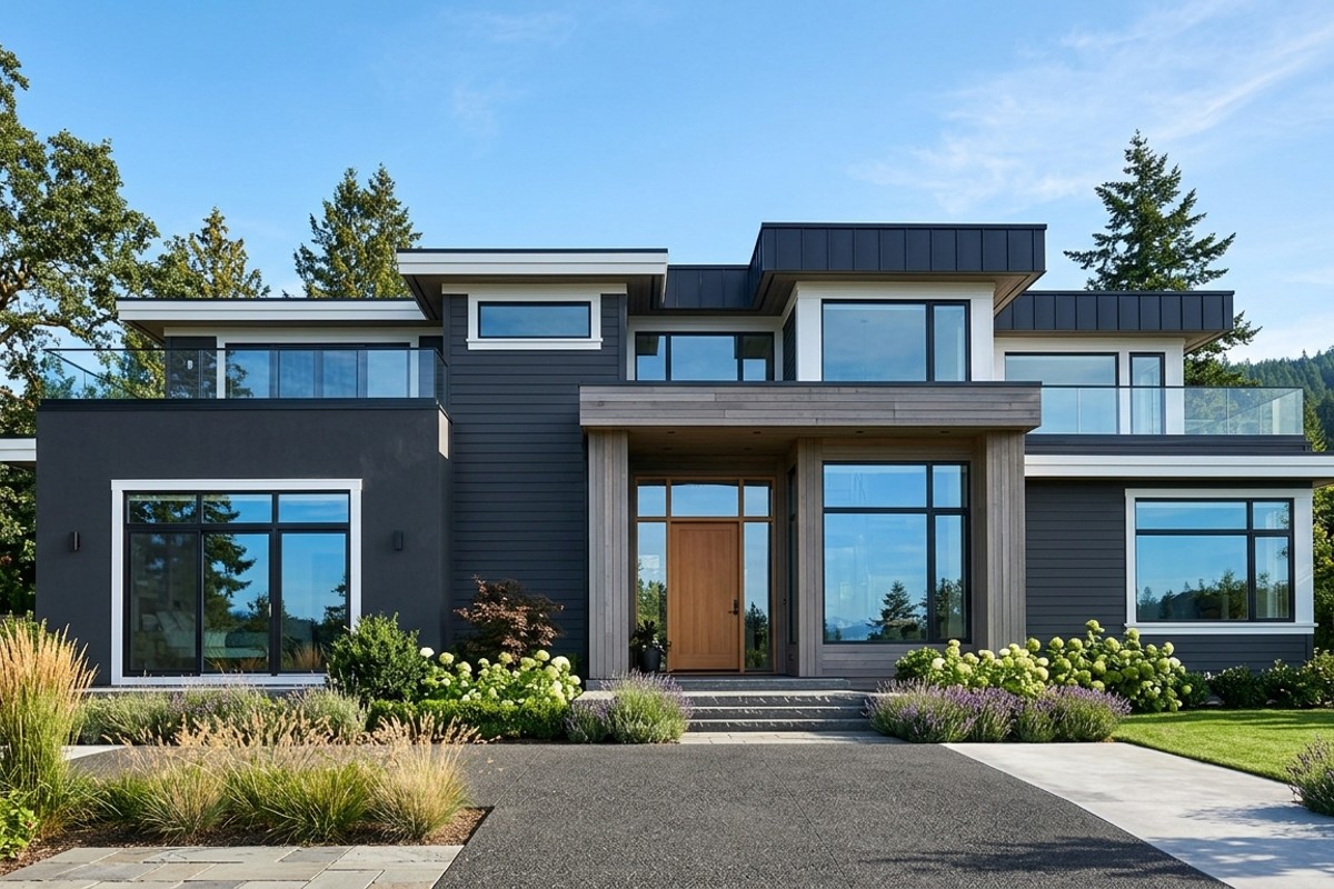 Modern house exterior painted in deep charcoal with crisp white trim and warm grey wood accents.