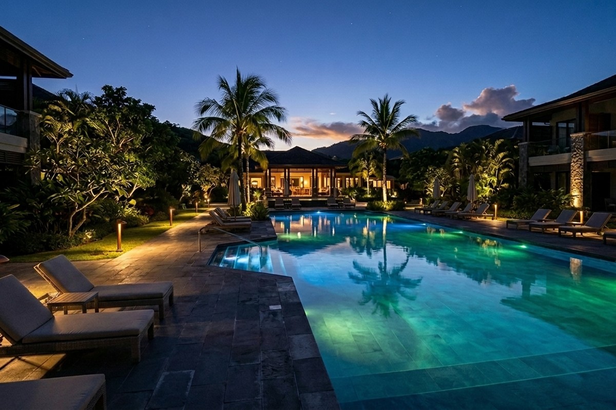 Resort pool area at dusk with strategic lighting: color-shifting underwater LEDs, subtle pathway lights, and elegant uplighting on trees.