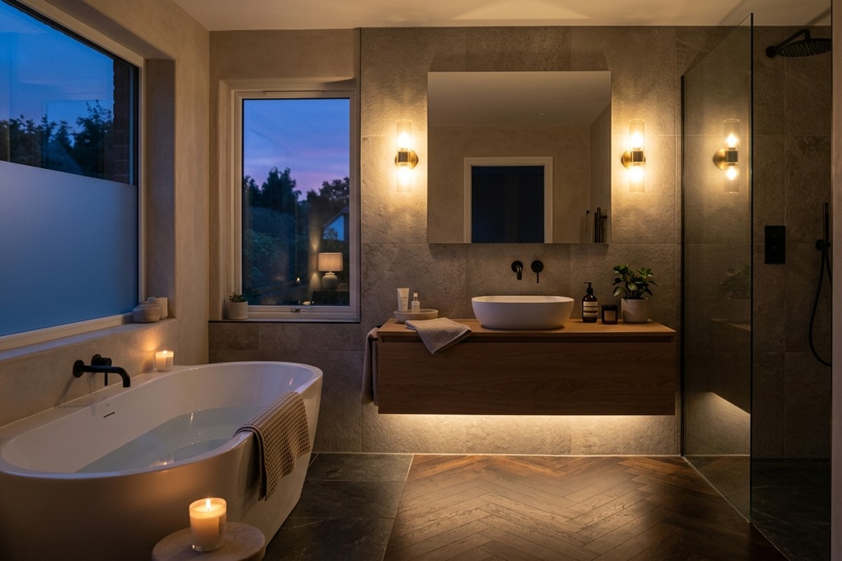 Relaxing bathroom ambiance with soft, dimmable LED strip lighting under a vanity and warm wall sconces.