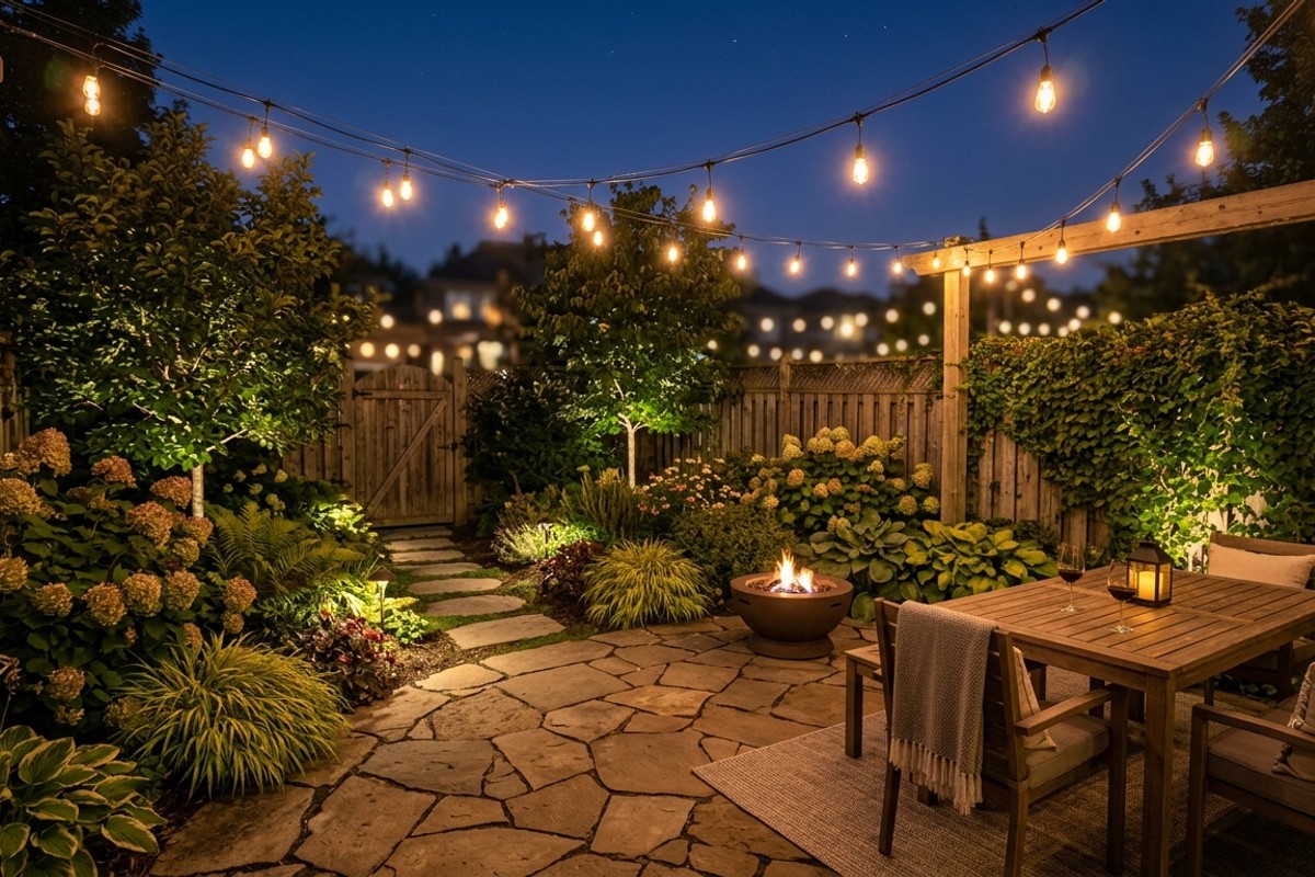 Small backyard at night with overhead string lights and uplights on plants.