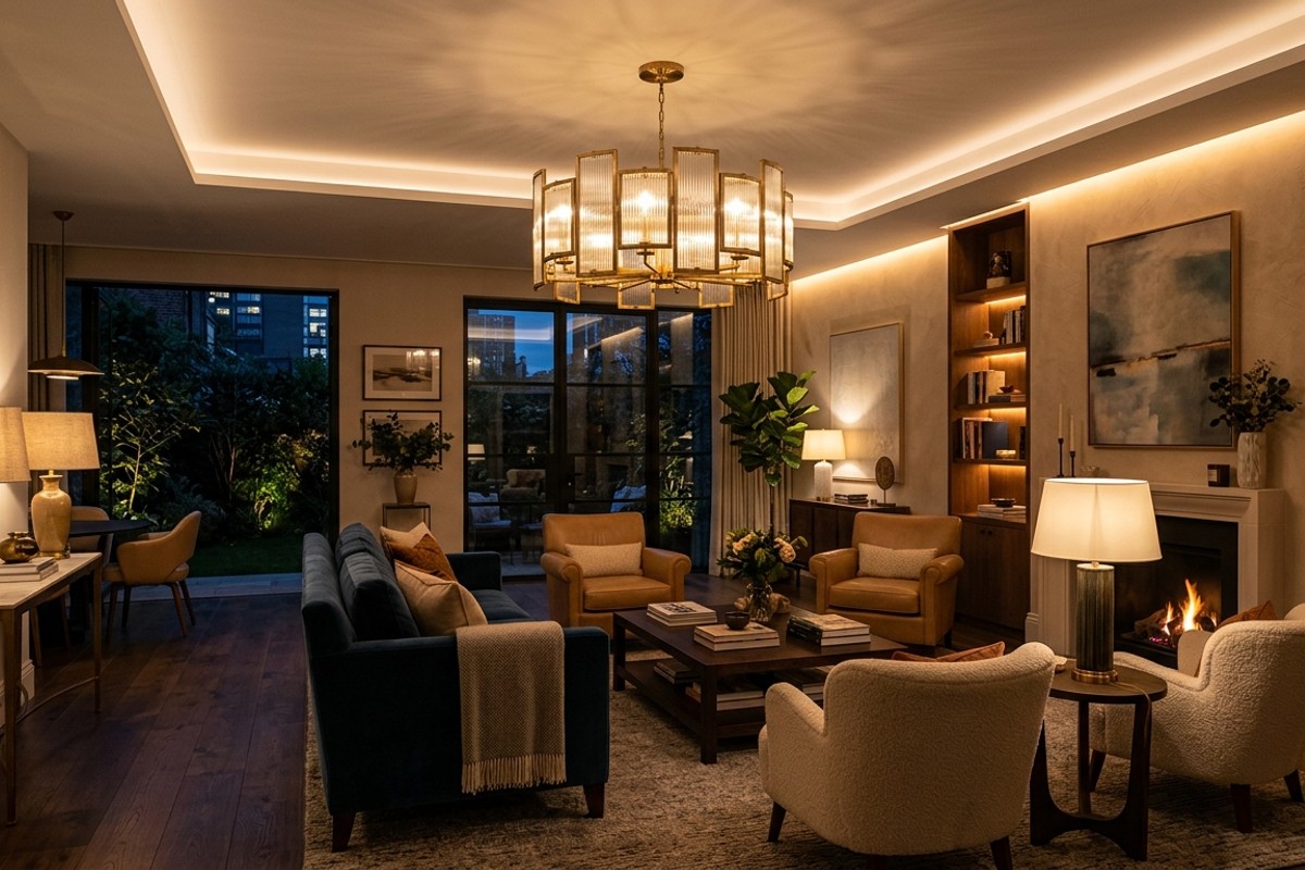 Sophisticated living room showcasing layered lighting from a chandelier, elegant table lamps, and concealed LED strips.