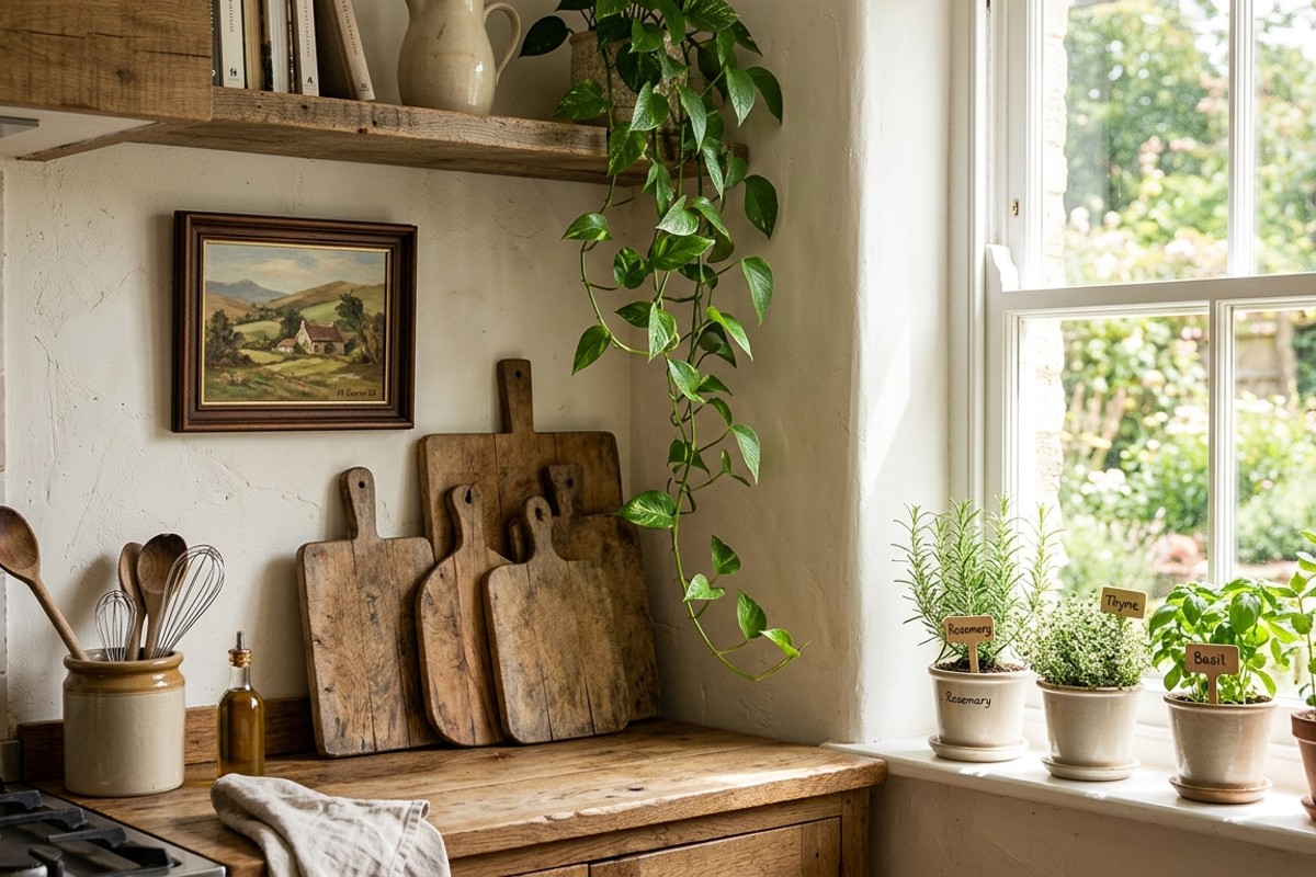 Kitchen with personal touches: antique cutting boards, local art, and fresh plants including herbs and a Pothos.