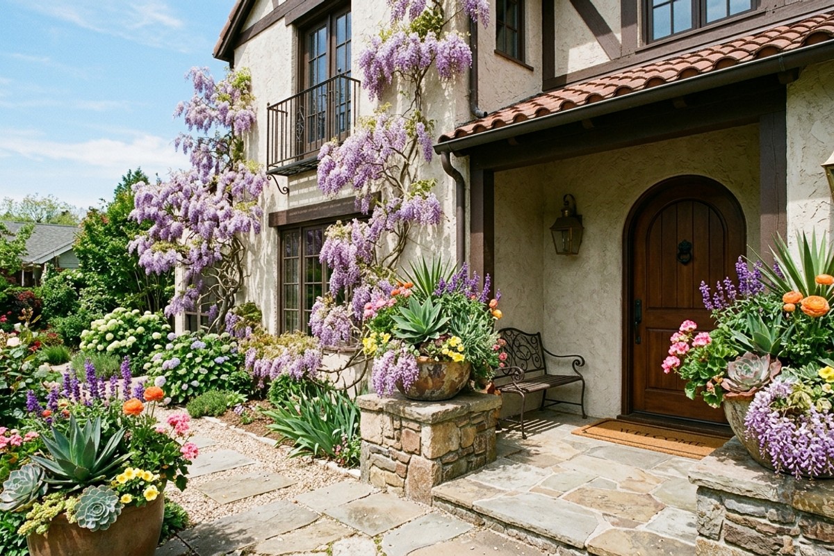 Entryway with large sculptural planters featuring seasonal blooms and architectural succulents, alongside a climbing wisteria vine.