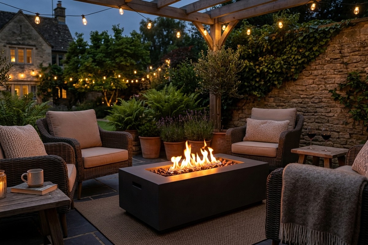 Chic patio with a modern fire pit providing warmth and ambiance.