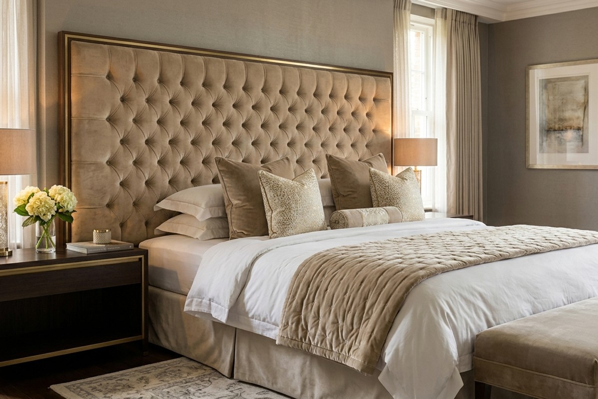 An elegant bedroom with a large, tufted upholstered headboard in a neutral velvet fabric, serving as a luxurious focal point.