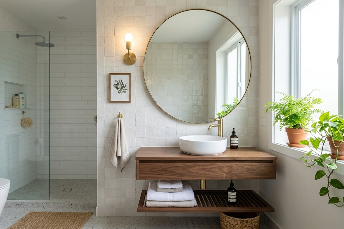 Small bathroom with an oversized round mirror above the vanity reflecting light
