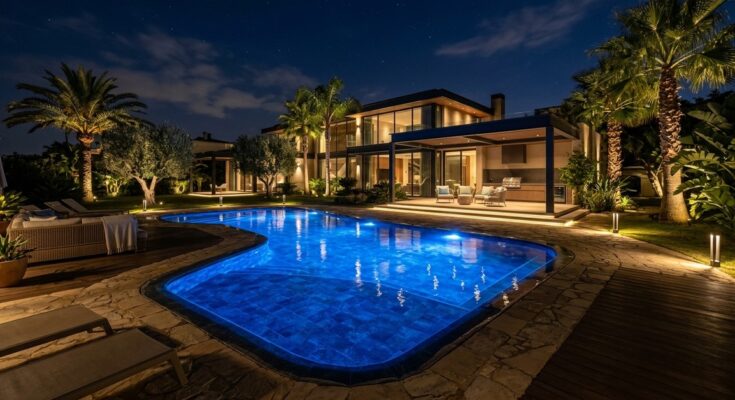 Nighttime pool area with mesmerizing underwater LED lights, subtle path lights, and accent lighting on trees