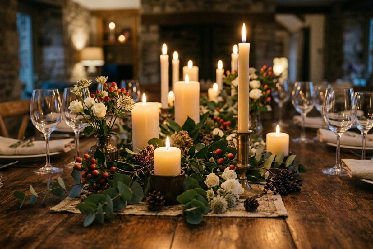 Dining table centerpiece with a long, shallow bowl filled with seasonal fruit.