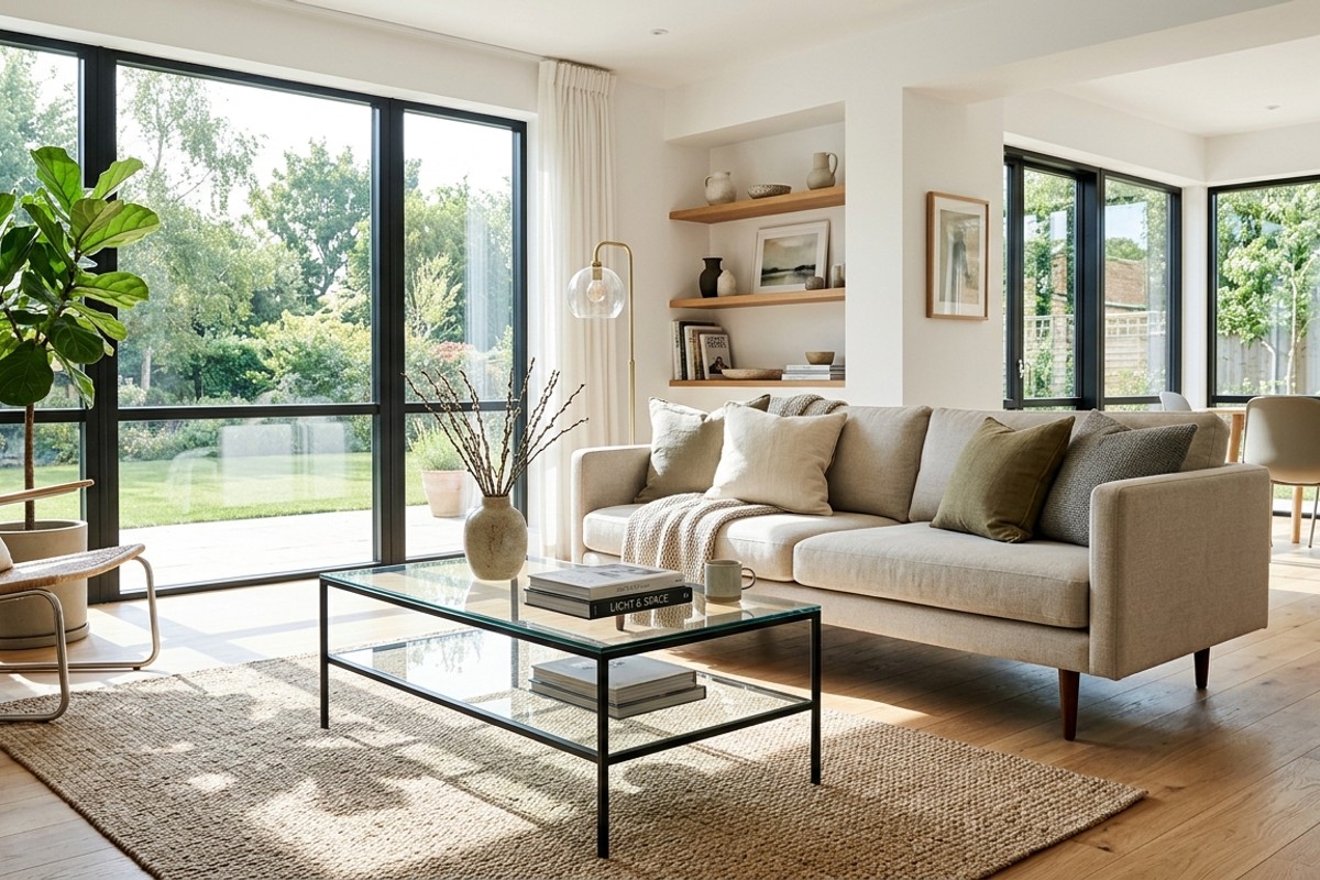 Living room featuring a sofa on slender legs and a glass-top coffee table, showcasing open-design furniture that enhances light flow and spaciousness.