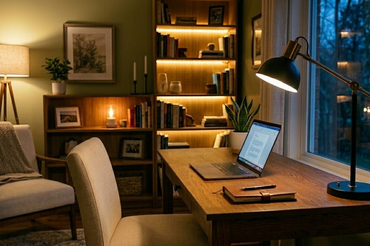 Cozy home office with layered lighting, showing a chic desk lamp providing warm, focused task light and soft ambient glow.